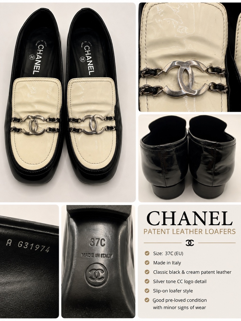 CHANEL Black & Cream Patent Leather CC-Logo Slip-On Loafers